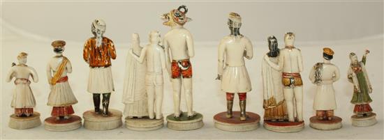 Ten 19th century Indian carved and painted ivory figures, largest 3.75in.